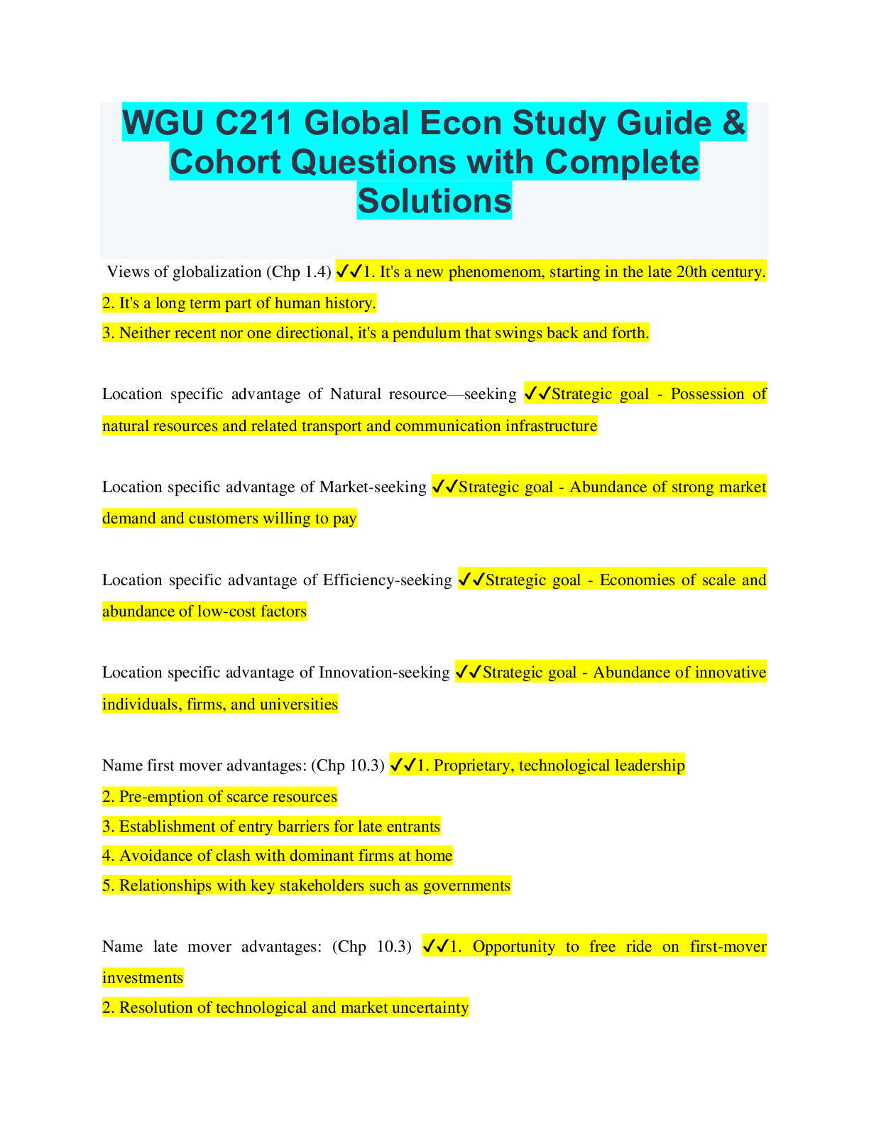 Preview of WGU C211 Global Econ Study Guide & Cohort Questions with Complete Solutions